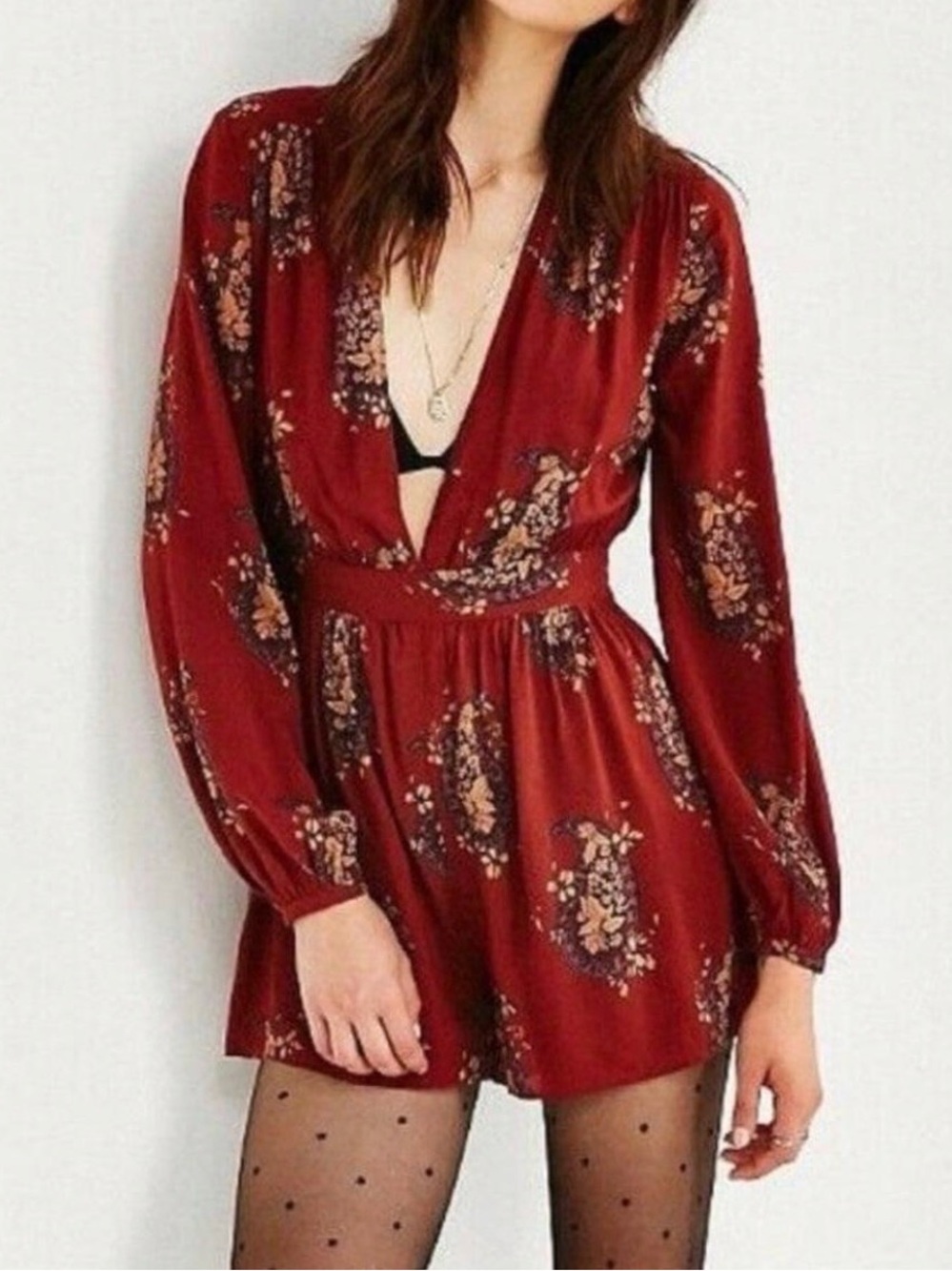 Urban Outfitters Maroon Floral Long-Sleeve V-Neck Women’s Romper S